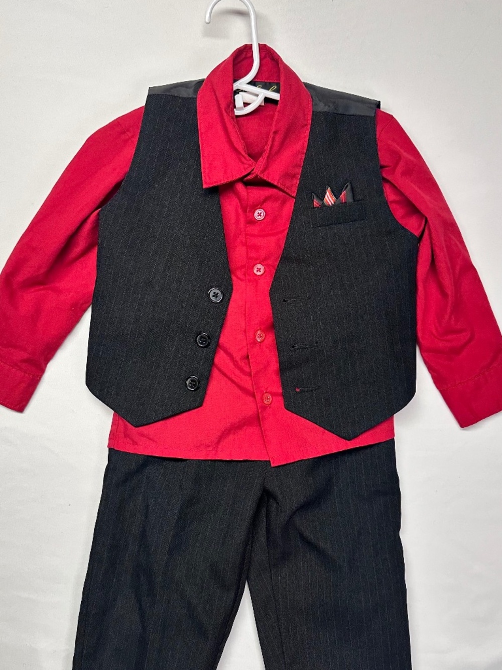 2T Toddler pinstripe suite, shirt,vest & pants RED AND BLACK